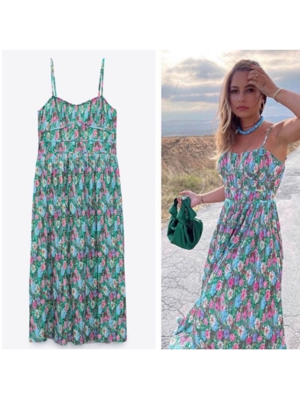 Zara Green Floral Pleated Tiered Midi Dress Cami Straps Sz M Cottagecore Boho